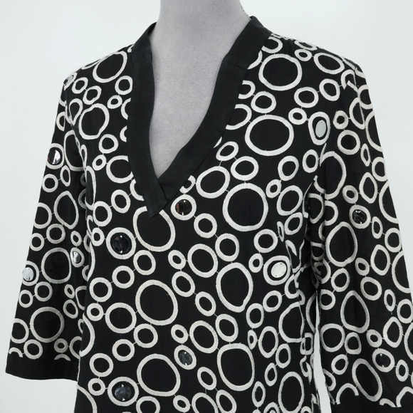 Ann Taylor Top Womens 8 Black White Embroidered Cotton Tunic Sequins Side Zip - Picture 8 of 13